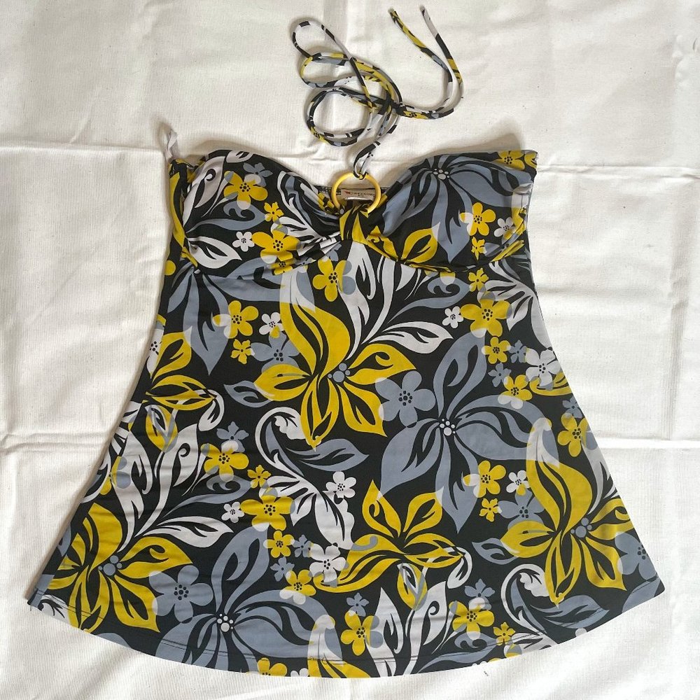 Women's Medium Summer Spring Black, Gray, Yellow, and White  Floral Halter Top